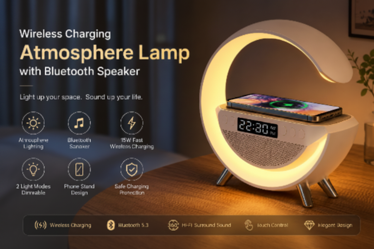 Wireless charging atmosphere lamp with Bluetooth speaker on a wooden surface.
